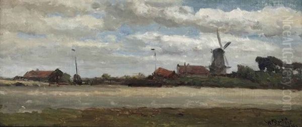 A Polder Landscape With A Mill Oil Painting by Willem Roelofs