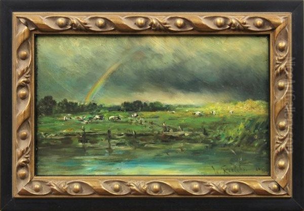 Landscape With Rainbow And Cattle Oil Painting by Willem Roelofs