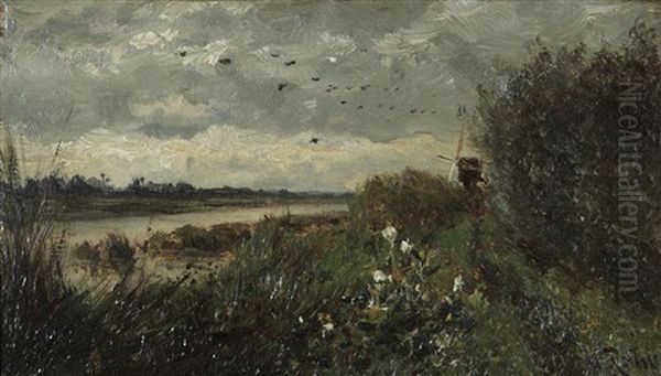 Paysage Aquatique Avec Moulin A Vent Au Bord De La Rive Et Oiseaux En Plein Air Oil Painting by Willem Roelofs