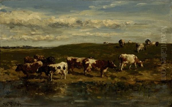 Cows In A River Landscape Oil Painting by Willem Roelofs