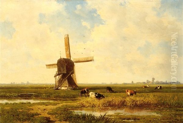 Cows By A Mill In A Polder Landscape Oil Painting by Willem Roelofs