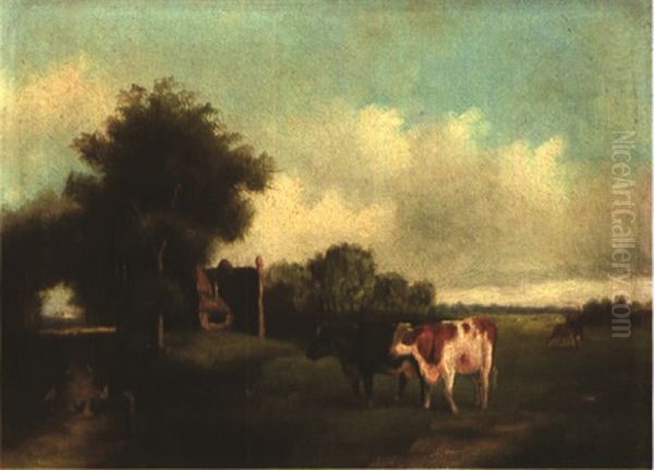 Zwei Rinder Neben Einem Bauernhaus In Weiter Landschaft Oil Painting by Willem Roelofs