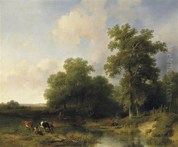 An Der Furt. Bauersleute Und Vieh Am Rande Eines Sommerlichen Waldes Oil Painting by Willem Roelofs