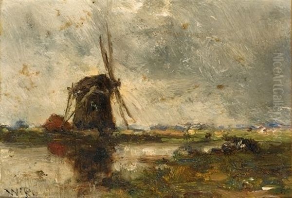 Watering Cows (+ A Windmill In A Polder Landscape; Pair) Oil Painting by Willem Roelofs