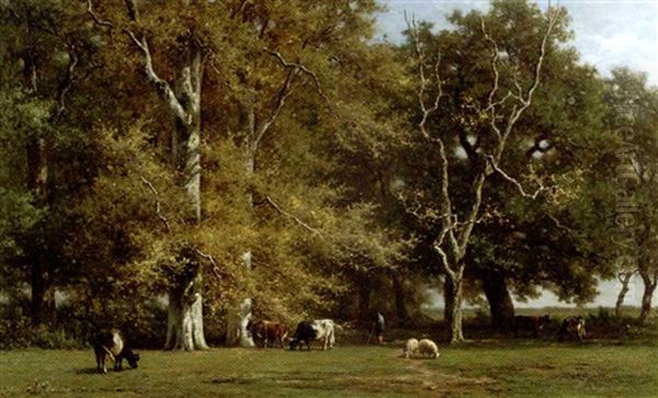 Interieur De Foret (souvenir De Fontainebleau): Cattle Grazing By Birch Trees, Fontainebleau Oil Painting by Willem Roelofs