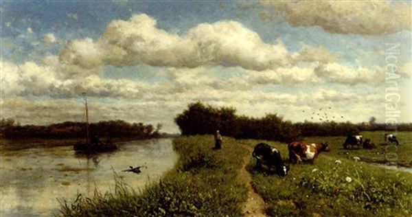 Canal Near Schiedam: Cows Grazing By A Canal Oil Painting by Willem Roelofs