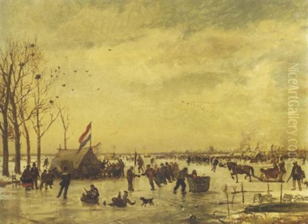 Hollandsch Ijsvermaak: A Populous Crowd Enjoying A Day On The Ice With Rotterdam In The Distance Oil Painting by Willem Roelofs