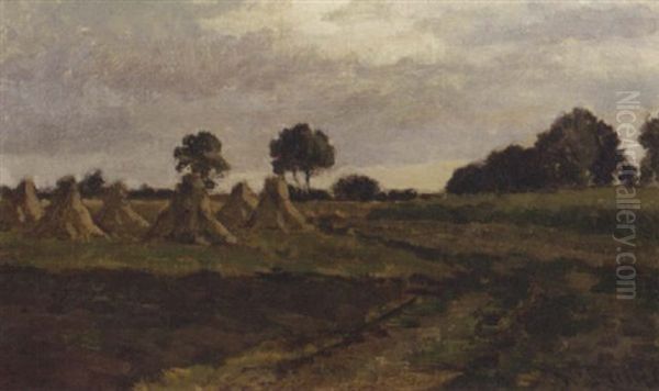 Cornsheaves By A Sandy Road Oil Painting by Willem Roelofs