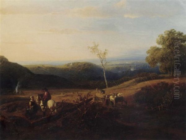 A Panoramic Summer Landscape With Harvesters Oil Painting by Willem Roelofs