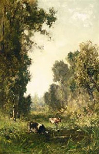 A Wooded Landscape With Watering Cows Oil Painting by Willem Roelofs