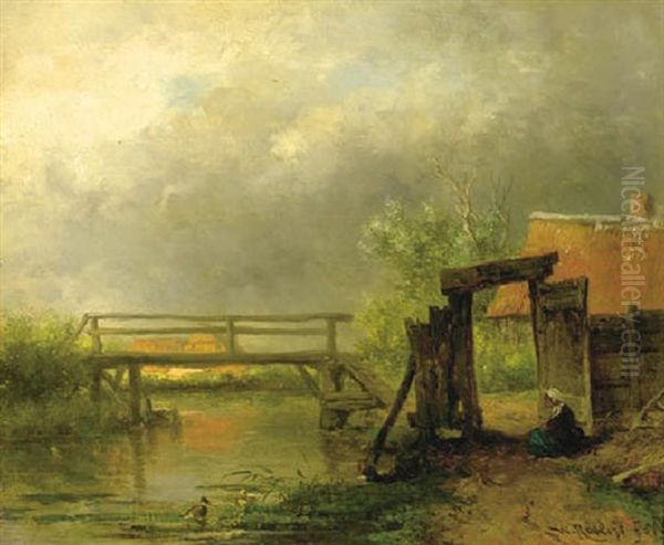 After The Rain: A Footbridge Across A Ditch Oil Painting by Willem Roelofs