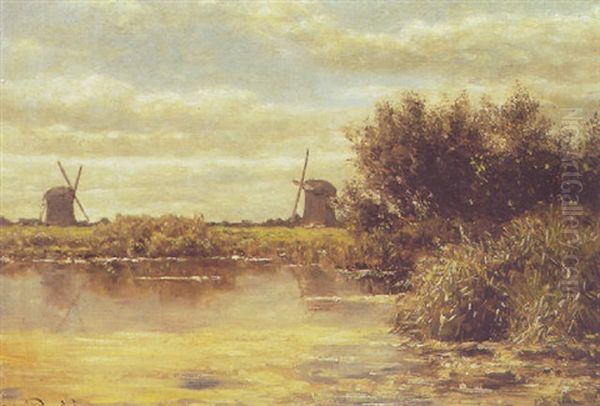 Polder Landscape With Windmills Oil Painting by Willem Roelofs