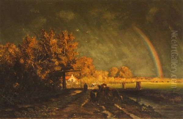 Dutch Farm Landscape With Figure, Cattle And Rainbow Oil Painting by Willem Roelofs