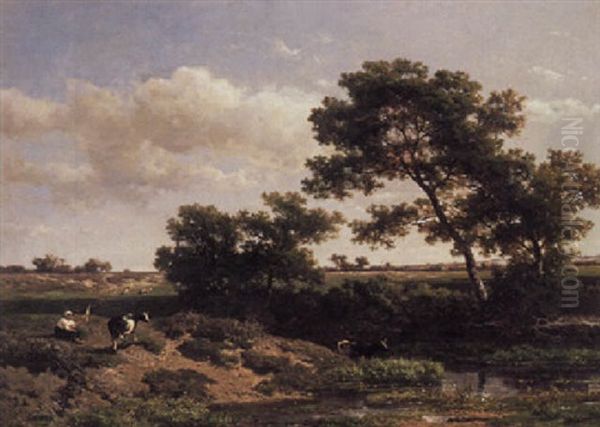 A Girl Herding Cows By A Pond Oil Painting by Willem Roelofs