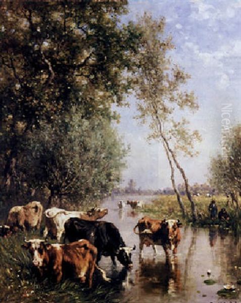 Watering Cows Near Het Gein, Abcoude Oil Painting by Willem Roelofs