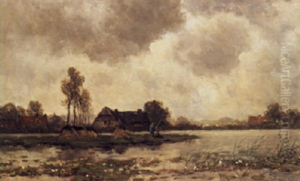 Anglers In A Polder Landscape Oil Painting by Willem Roelofs