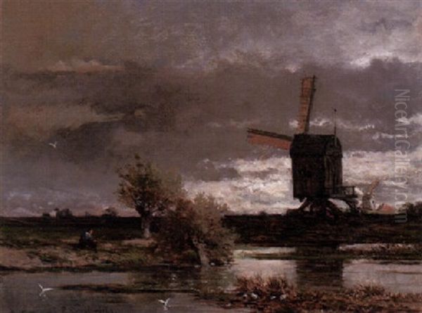 Fluslandschaft Mit Angler, Auf Einer Bank Sitzend by Willem Roelofs