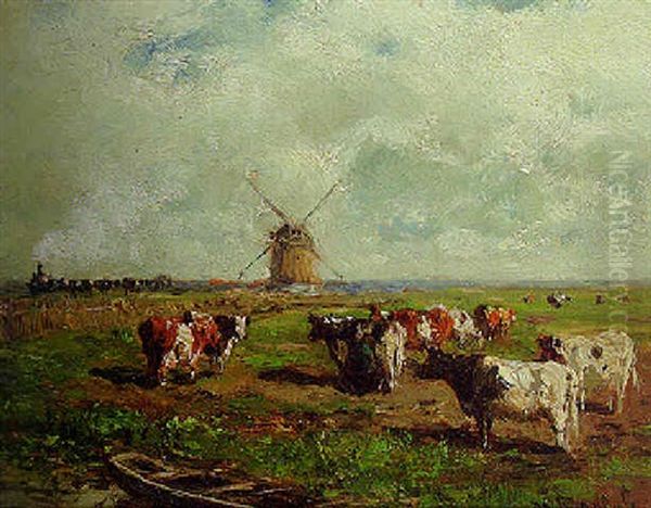 Cows In A Polder Landscape, A Train In The Distance Oil Painting by Willem Roelofs