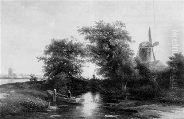 A Wooded River Landscape With An Angler In A Rowing-boat By A Wind-mill by Willem Roelofs