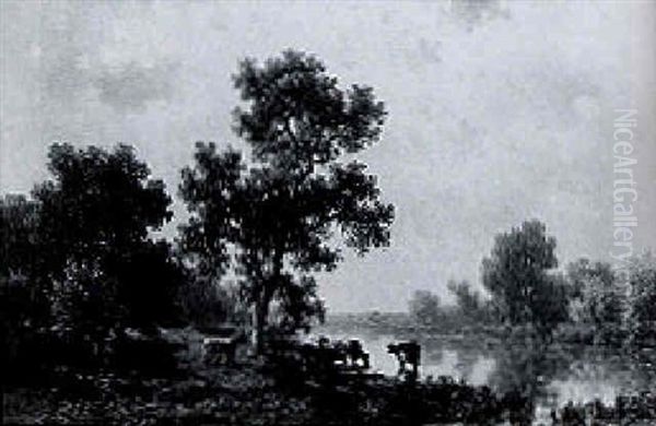 Cows Watering, With A Herdsman Resting In The Shade by Willem Roelofs