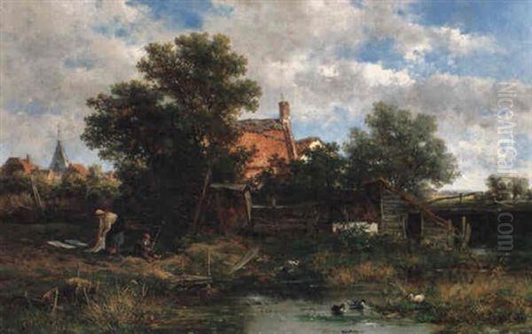 A Wooded Polder Landscape With A Peasantwoman And A Boy Oil Painting by Willem Roelofs