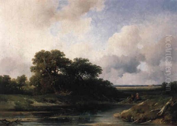 A Wooded Landscape With Figures On A Bank Of A Pond Oil Painting by Willem Roelofs