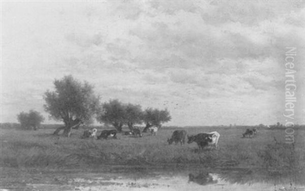 Cows In A Meadow Along A Stream Oil Painting by Willem Roelofs