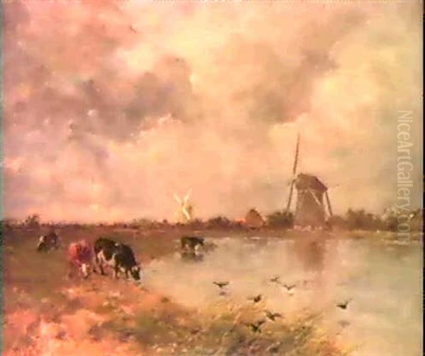 A Polderlandscape With Watering Cows, Windmills And         A Village In The Distance Oil Painting by Willem Roelofs