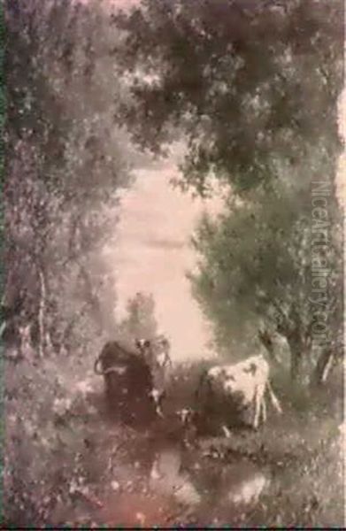 Watering Cows In A Wooded Clearing Oil Painting by Willem Roelofs