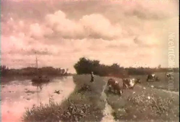 Summer: Cows In A Meadow By A Canal Near Schiedam Oil Painting by Willem Roelofs