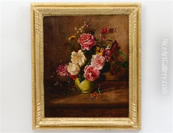 Still Life Of Roses, Chrysanthemums And Other Flowers In A Green Vase On A Wooden Ledge Oil Painting by Willem Elisa Roelofs