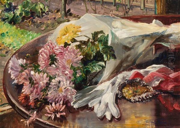 Still Life With Flowers And White Gloves Oil Painting by Willem Elisa Roelofs