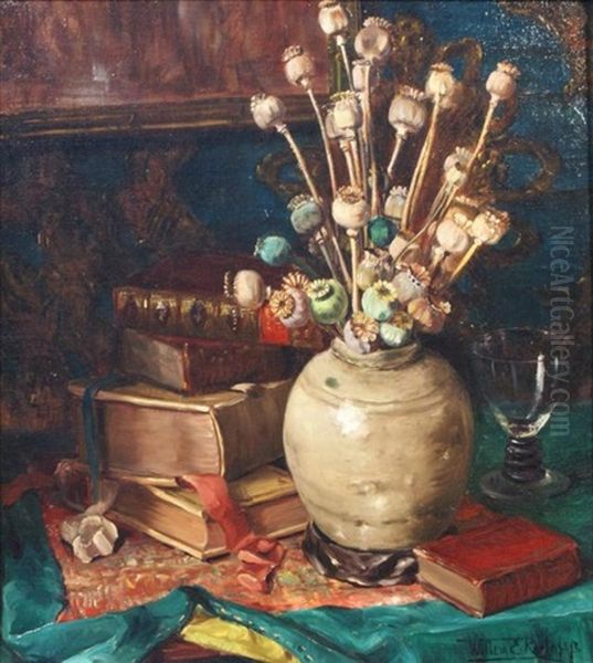 Stillife With Flowers And Books Oil Painting by Willem Elisa Roelofs