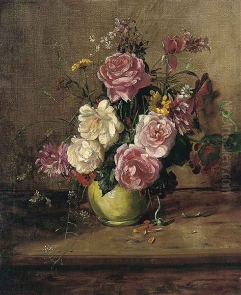 Roses, Chrysanthemums And Other Flowers In A Green Vase, On A Wooden Ledge Oil Painting by Willem Elisa Roelofs