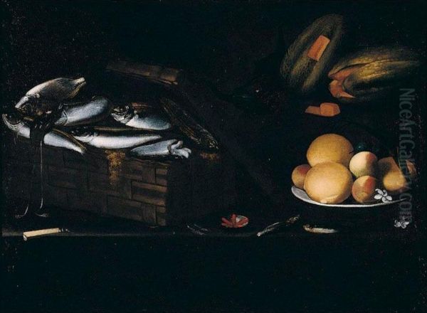 Still Life Of Fish And Squid In A Basket, Oranges And Peaches On A Plate, Together With Melons And A Knife, Arranged Upon A Table-top Oil Painting by Giovanni Battista Borra