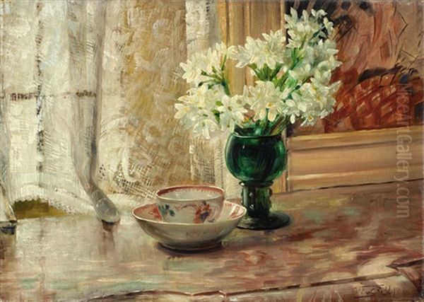 Still Life With A Porcelain Cup And Saucer And A Vase With Flowers Oil Painting by Willem Elisa Roelofs