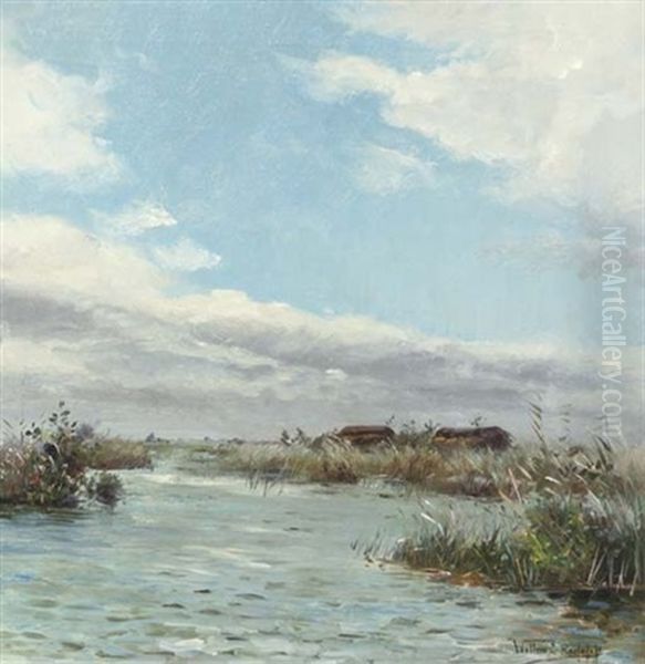 A Calm Lake Oil Painting by Willem Elisa Roelofs