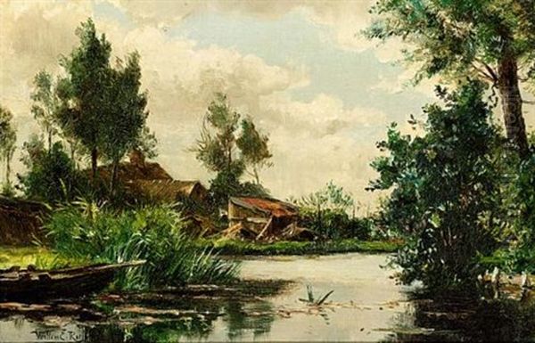 Moored Boat In A Polder Landscape Oil Painting by Willem Elisa Roelofs