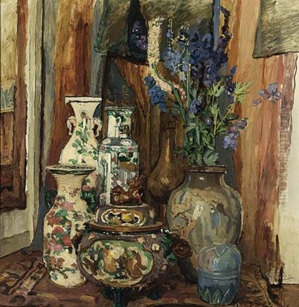 A Still Life With Chinese Vases Oil Painting by Willem Elisa Roelofs