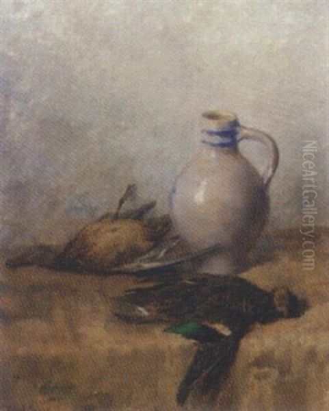 Hunting Trophies By An Earthenware Jug On A Draped Ledge Oil Painting by Willem Elisa Roelofs