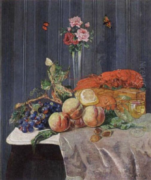 A Still Life With Roses In A Glass Vase, A Lobster, Butterflies, A Glass Of Wine And Fruits On A Table Oil Painting by Willem Elisa Roelofs