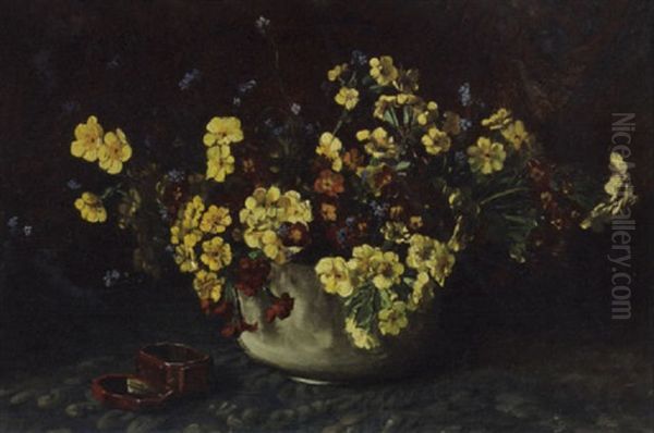 Forget-me-nots And Primulas In A Pot With A Lacquer Box Oil Painting by Willem Elisa Roelofs