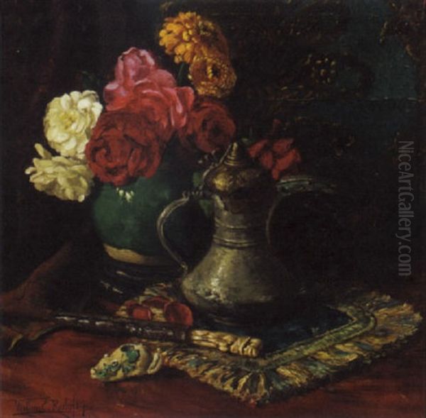 Roses In A Chinese Jar Amongst Oriental Objects Oil Painting by Willem Elisa Roelofs