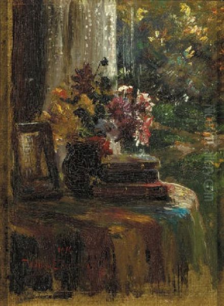 A Still Life Of A Mixed Bouquet And Books On A Table Oil Painting by Willem Elisa Roelofs