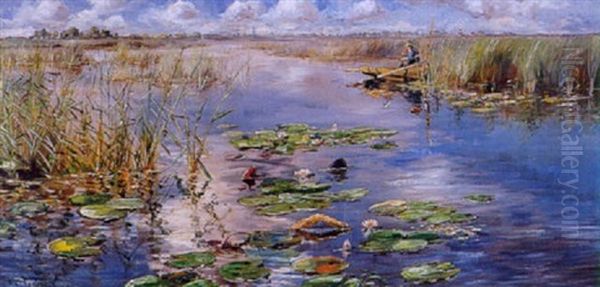 Plaslandschap Met Visser In Het Riet Oil Painting by Willem Elisa Roelofs