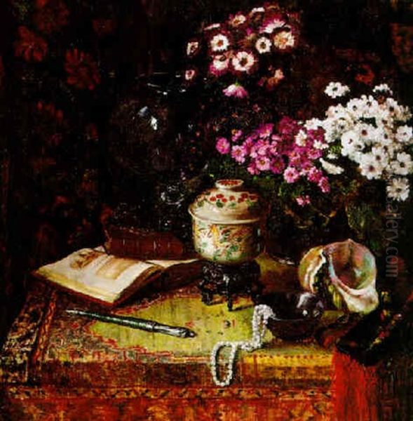 Still Life With Flowers, Books, Shells And Pearls Oil Painting by Willem Elisa Roelofs