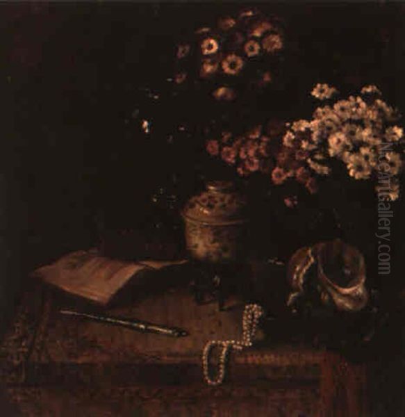 Still Life With Flowers, Books, Shell And Pearls Oil Painting by Willem Elisa Roelofs