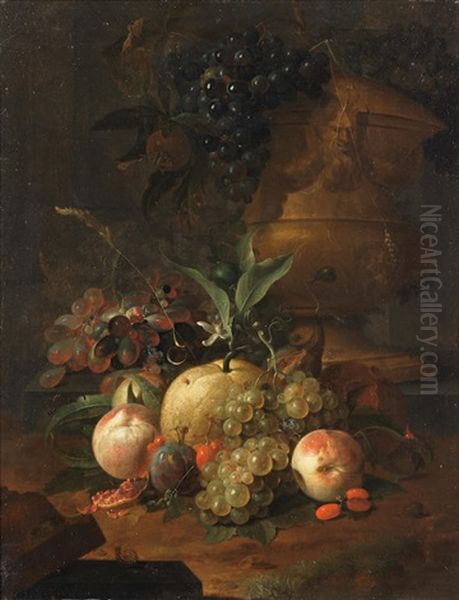 Peaches, Plums, Grapes And Other Fruit In A Landscape Oil Painting by Coenraet (Conrad) Roepel