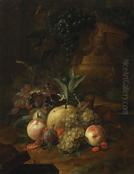 A Still Life Of Fruit In Front Of A Stone Vase Oil Painting by Coenraet (Conrad) Roepel