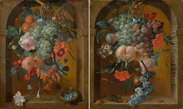 Pair Of Works: Still Life Of Flowers With A Mouse / Still Life Of Flowers With A Bird